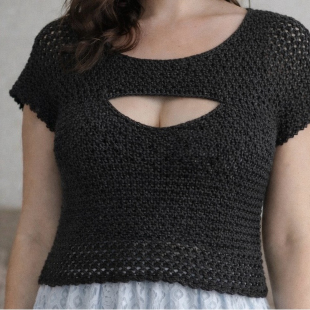 Handmade Black Crochet Crop Top – Medium – Front Cut-Out Detail